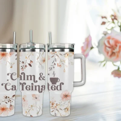 Calm & Caffeinated 40oz Travel Mug With Handle and Straw