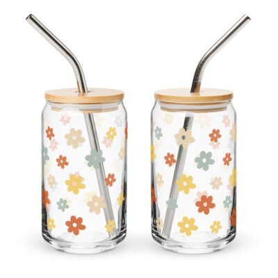 Iced Coffee Cup 16oz Glass with Lid and Straw: Retro flowers can-shaped glass