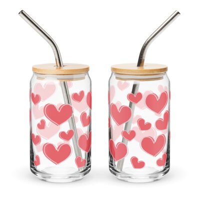 Can shaped glass tumbler: Red hearts Can-shaped glass