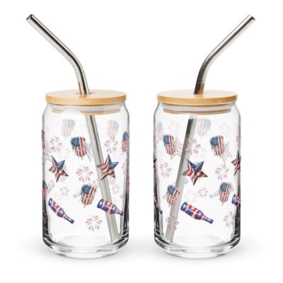 Can shaped drinking glass with lid and straw, Stars and Stripes Spectacular Can-shaped glass