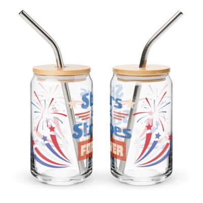 Iced Coffee Cup 16oz Glass with Lid and Straw- National Pride: A Celebration of Freedom Can-shaped glass