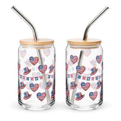 USA Flag Theme Design,16oz : Red, White, and Boom: Fourth of July Festivities Can-shaped glass