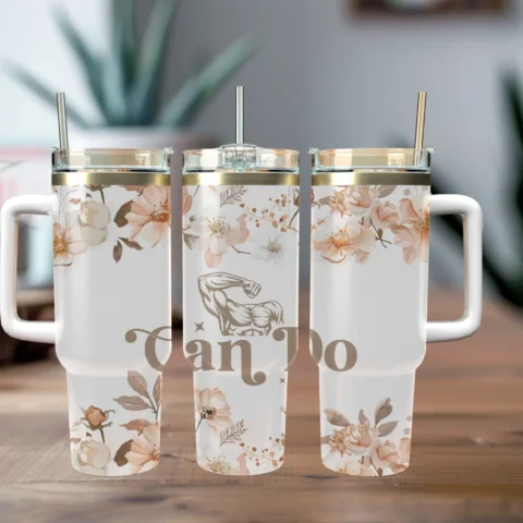 40oz Travel Mug With Handle and Straw- "Can Do"