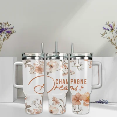 Champagne Dreams 40oz Travel Mug With Handle and Straw