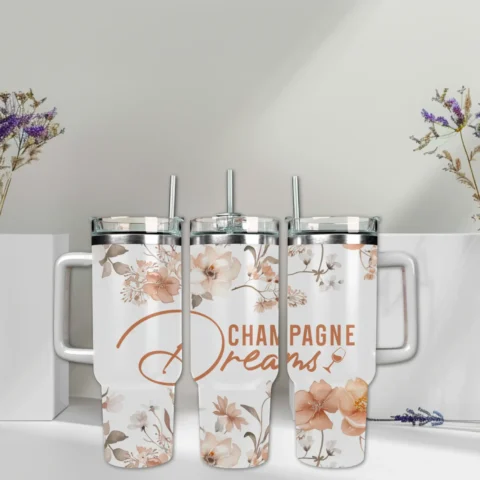 Champagne Dreams 40oz Travel Mug With Handle and Straw