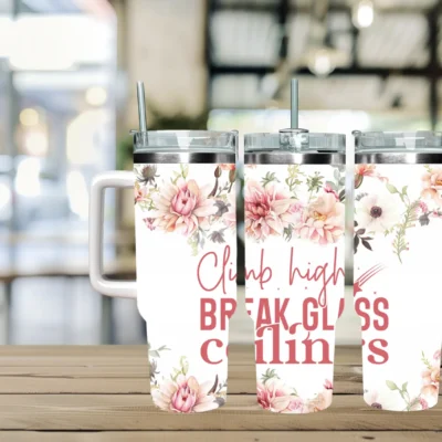 Climb high break glass ceilings 40oz Travel Mug With Handle and Straw