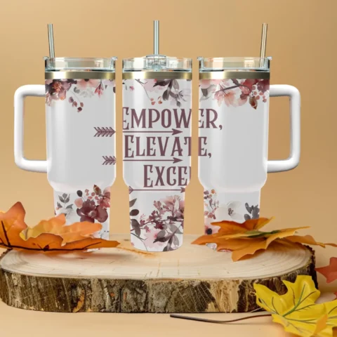Empower, Elevate, Excel 40oz Travel Mug With Handle and Straw