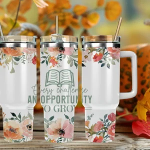 Every challenge an opportunity to grow 40oz Travel Mug With Handle and Straw