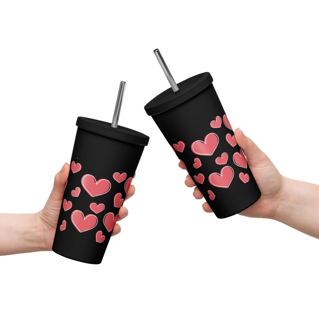 Insulated tumbler with a straw – Patterned Red heart tumbler