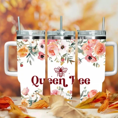 Queen Bee 40oz Travel Mug With Handle and Straw