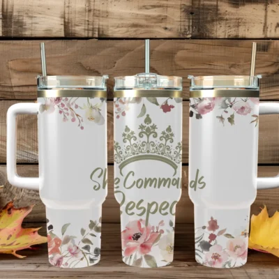 She Commands Respect  40oz Travel Mug With Handle and Straw