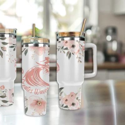 She Creates Waves 40oz Travel Mug With Handle and Straw