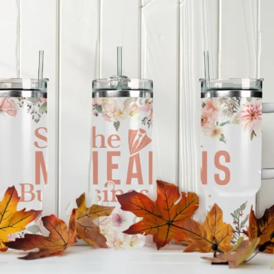 She Means Business 40oz Travel Mug With Handle and Straw