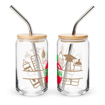 Custom School Glass Shaped Like Can with Lid and Straw, 16oz- Personalized Printed School Designs on Glass