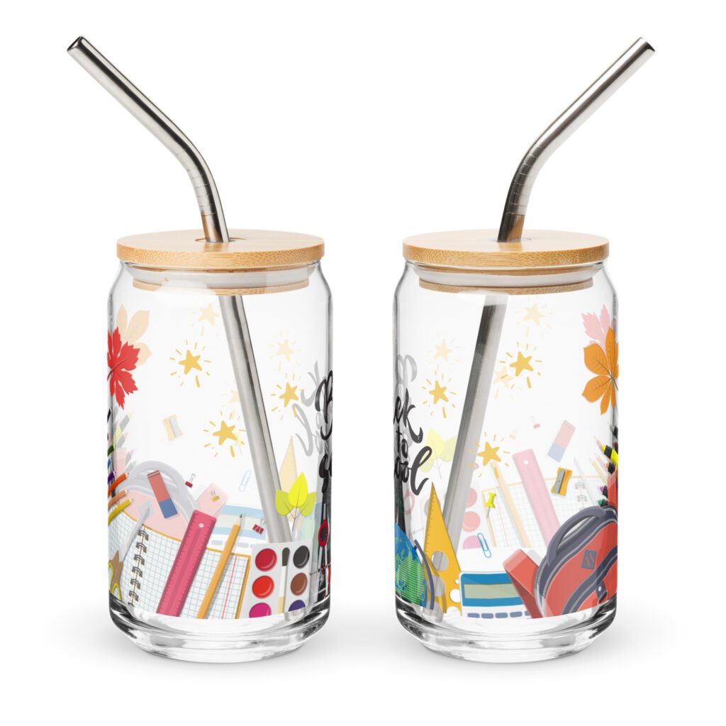Can shaped glass tumbler, School Things Design 16oz Can Shaped Glass Tumbler with Lid and Straw Option
