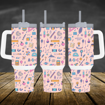 Stylish and Durable: Cute Classroom Icons Patterned  40oz Travel Mug With Handle and Straw A Must-Have for Students