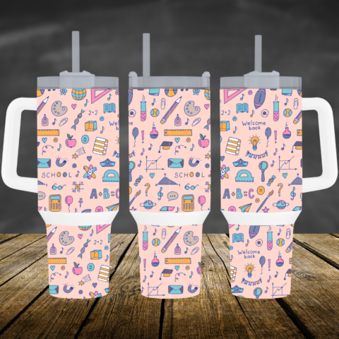 Stylish and Durable: Cute Classroom Icons Patterned  40oz Travel Mug With Handle and Straw A Must-Have for Students