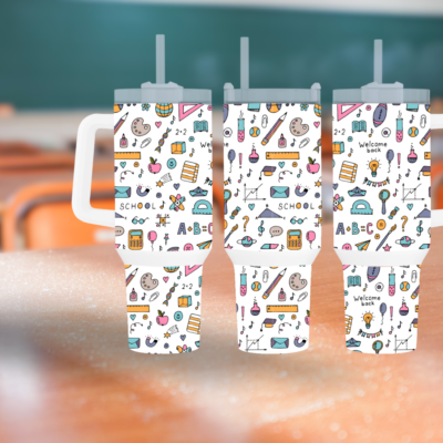 Colorful School Supplies with Unique Patterned Lids & Straw: 40oz Travel Mug for Busy Students