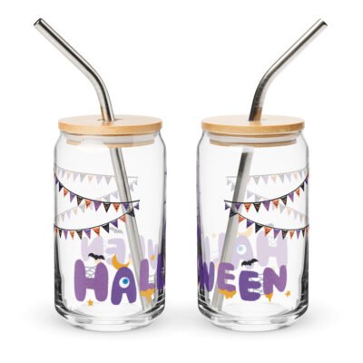 Can-Shaped Glass with Lid and Straw, 16oz glass - Halloween Drinkware