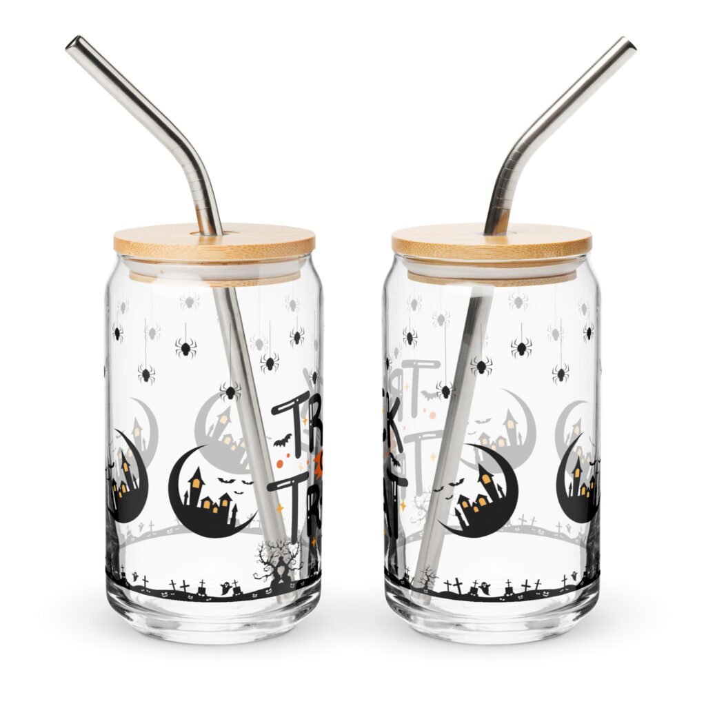 Halloween Theme Printed 16oz Glass:”Trick or Treat” Can-shaped glass