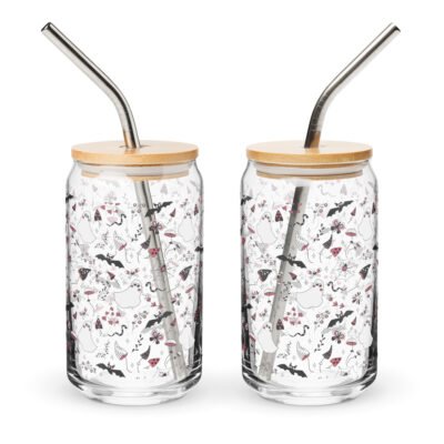 Can shaped drinking glass with lid and straw, 16oz-Fright Night Sips