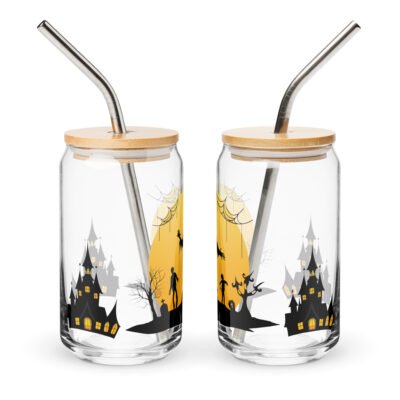 16oz Can-Shaped Glass with Lid and Straw: Zombie Zest Halloween glass