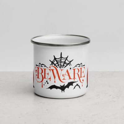 Creepy Cup: Halloween 12oz Enamel Mug-Steel Camping Mug Perfect for Spooky Outdoor Adventures