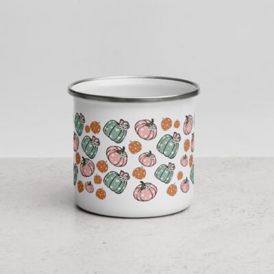 Pumpkin Patch Enamel Mug - Charming Enamel Drinking Mug with Autumn Cup Design and Comfortable Handle