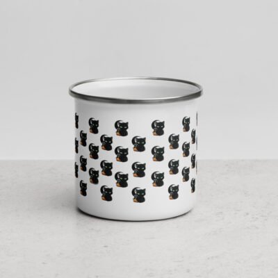 Camper Enamel Travel Mug, Our Black Cat Magic Halloween Mug Camping Style