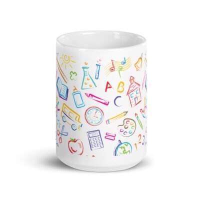 Glossy Ceramic Mug: School Tools Icons Printed 15oz White glossy mug