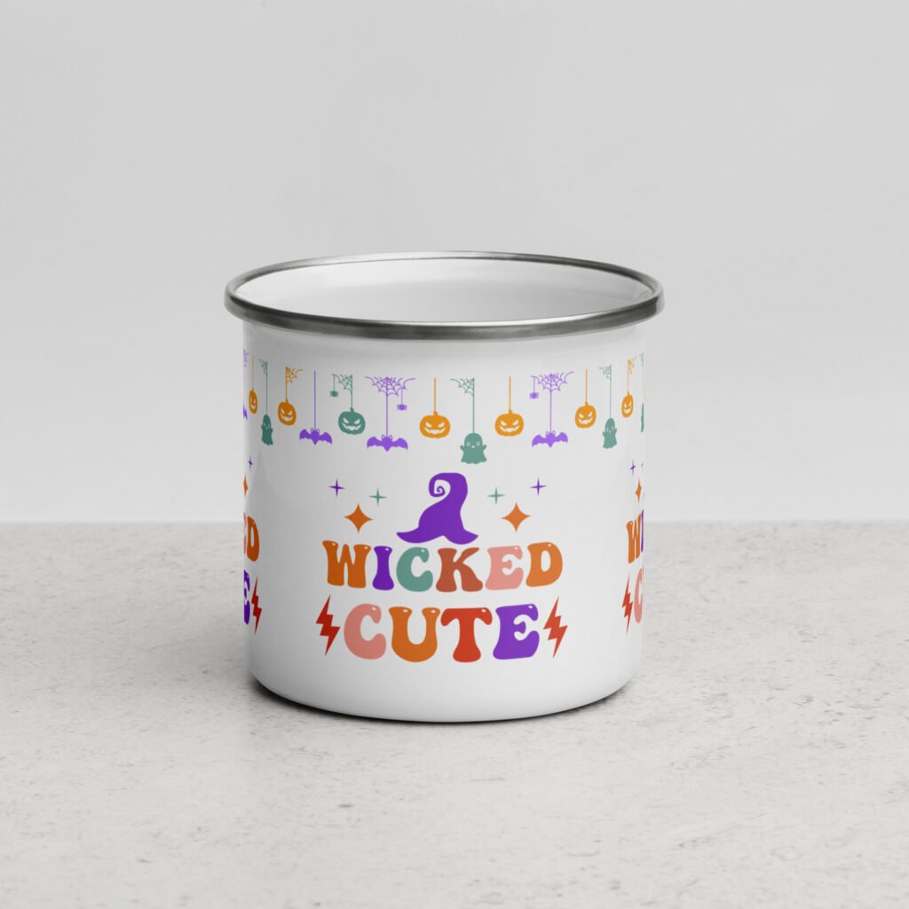 Wicked Cute’ printed Enamel Mug (12oz, Halloween theme mug)