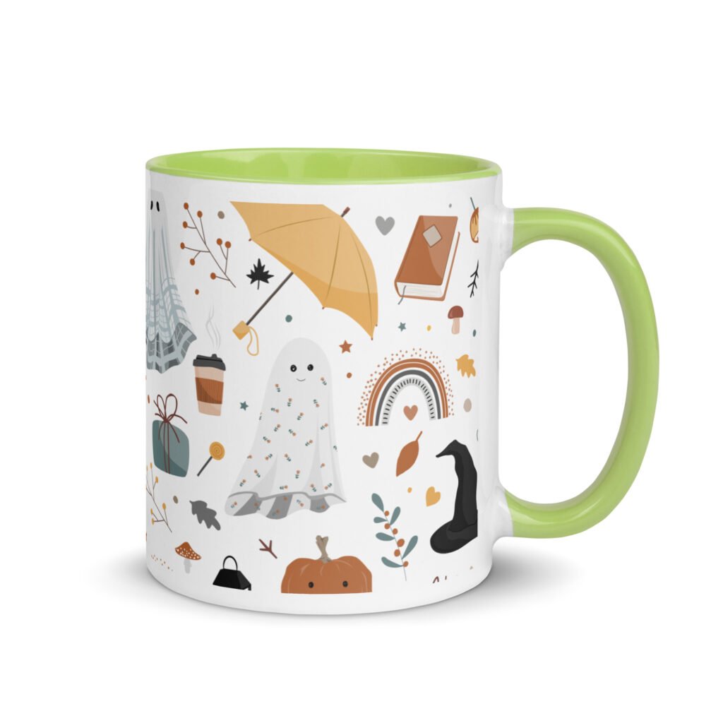 Trendy Coffee Mug, Glossy Ceramic Mug, Glossy Mug Gift – Creepy Caffeine Halloween Mug with Color Inside