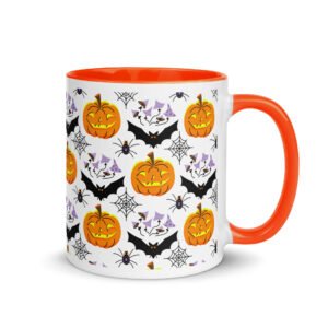 Coffee Mug Gift (11oz & 15oz), Bats & Ghosts Mug with Color Inside - Halloween Collection - Orange, 11 oz