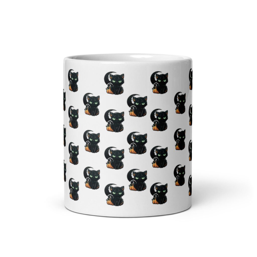 Ceramic Coffee Mugs, 11oz and 15oz, Black Cat Halloween White glossy mug