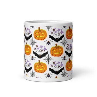 Charming White Glossy Mug with Pumpkin Design – Halloween Themed Mugs (11oz & 15oz)