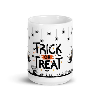 Stylish Glossy Mug in 11oz & 15oz:Halloween Trick or Treat White glossy mug