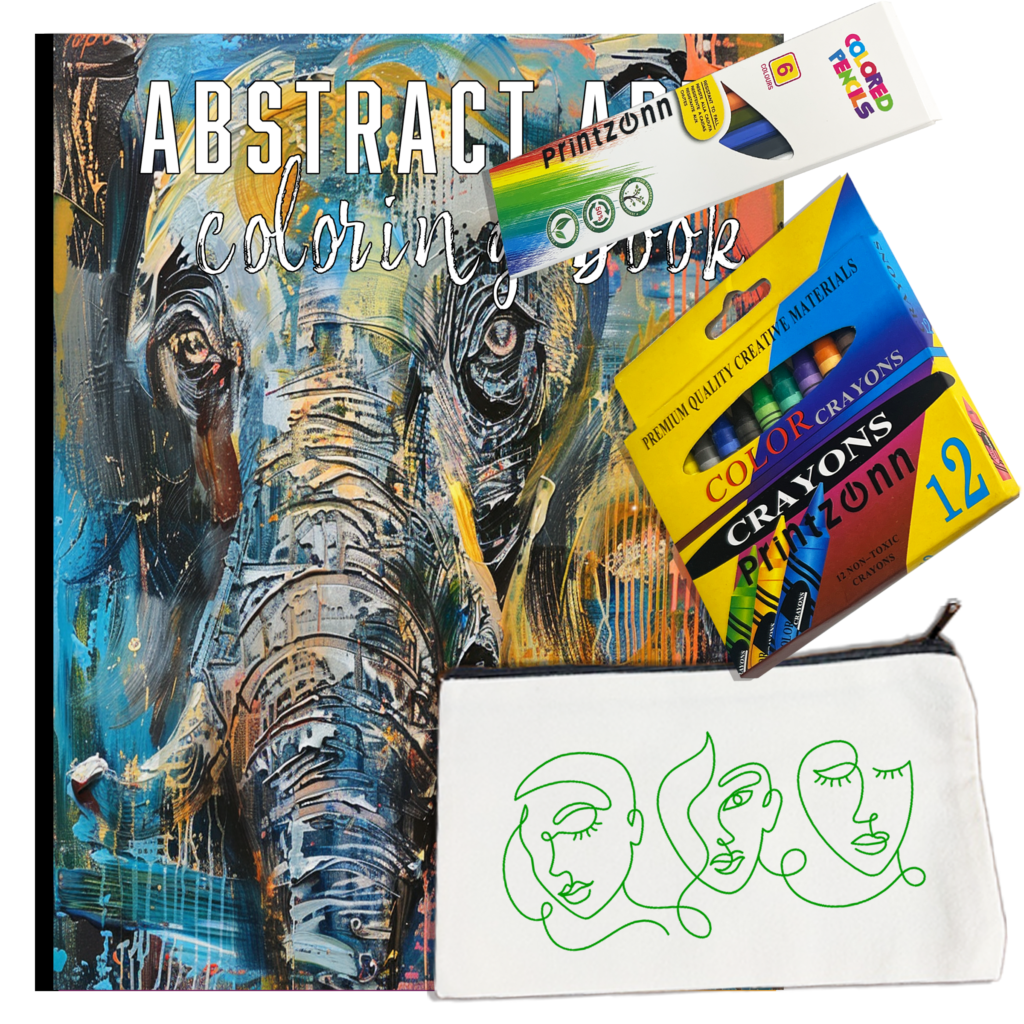 Relaxing Abstract Art Coloring Book Bundle – Creative Mindfulness Set with Crayons, Pencils & Canvas Pouch