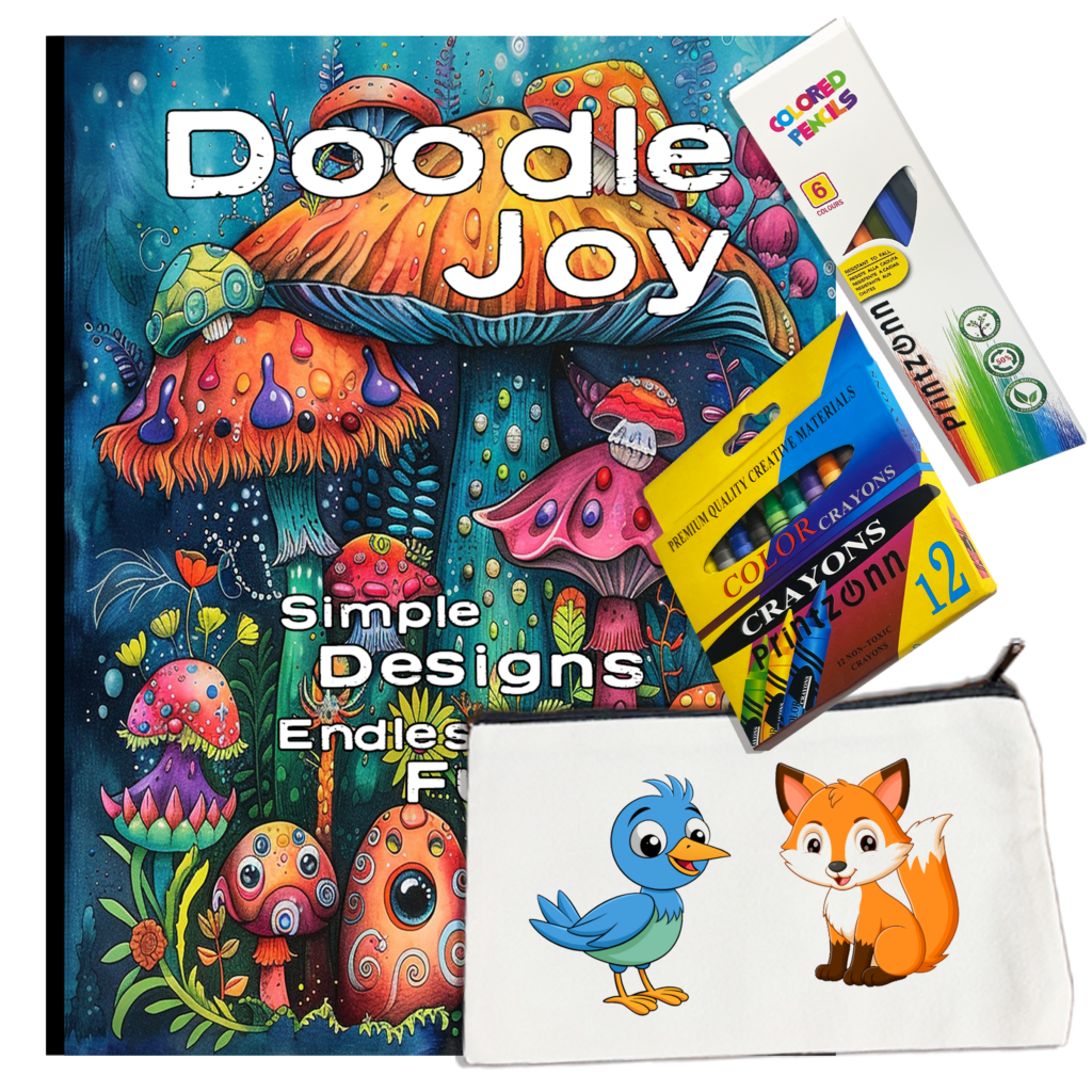 Doodle Joy: Fun & Simple Coloring Book with 12 Crayons, 6 Colored Pencils and a pouch Bundle – Whimsical Designs for Endless Creativity!