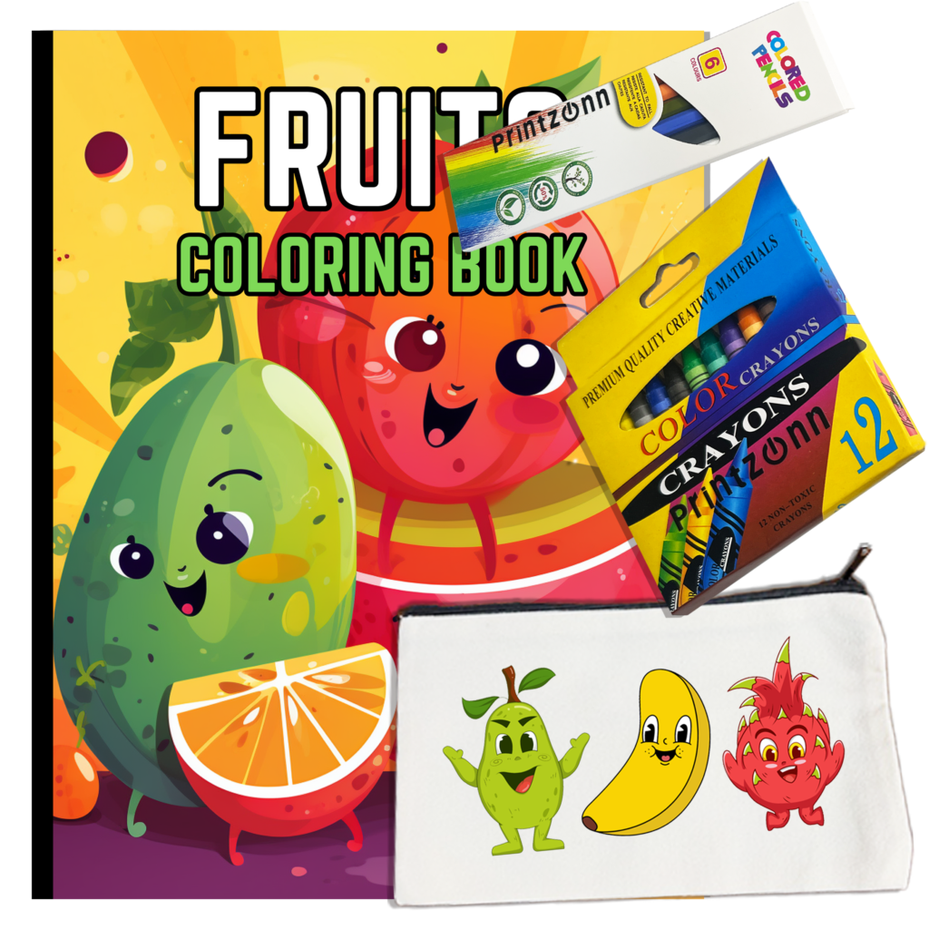 Bold & Easy Fruits Coloring Book Bundle – Includes 12 Crayons, 6 Colored Pencils & Canvas Pouch