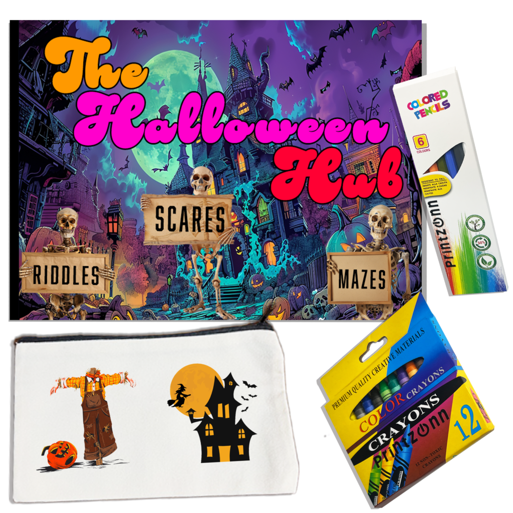 The Halloween Hub: Spooky Coloring & Activity Book – Riddles, Mazes & Scares! – Coloring Book, Crayons, Pencils & Canvas Pouch