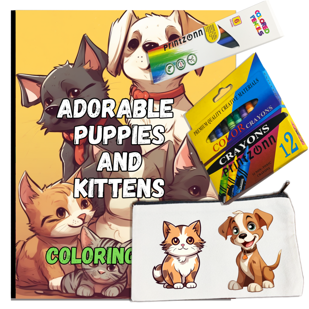 Adorable Puppies & Kittens Coloring Book – Fun & Relaxing Pet-Themed Bundle with Crayons, Pencils and Pouch!