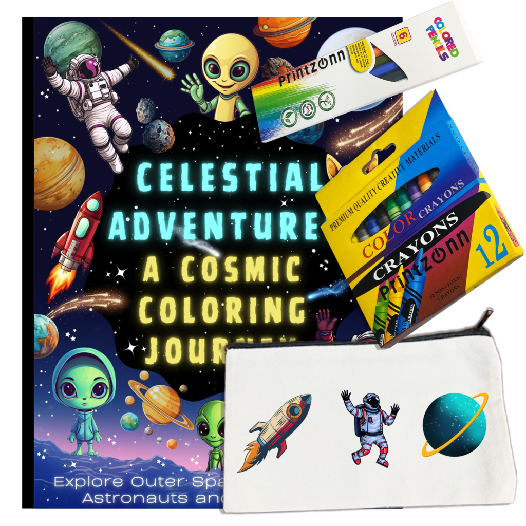 Celestial Coloring Adventures – Space-Themed Coloring Book with 12 Crayons, 6 Colored Pencils & Canvas Pouch Bundle