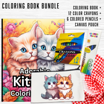 Deluxe Adorable Kittens Coloring Book Set with 12 Crayons, 6 Colored Pencils and a Storage Pouch