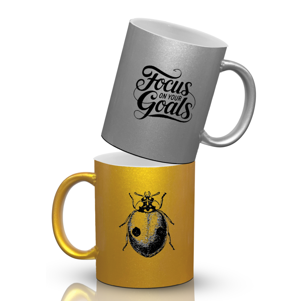 Gold & Silver Motivational Coffee Mug Set- “Focus on Your Goals” & Ladybug Design- 11oz(3 Combo Options)