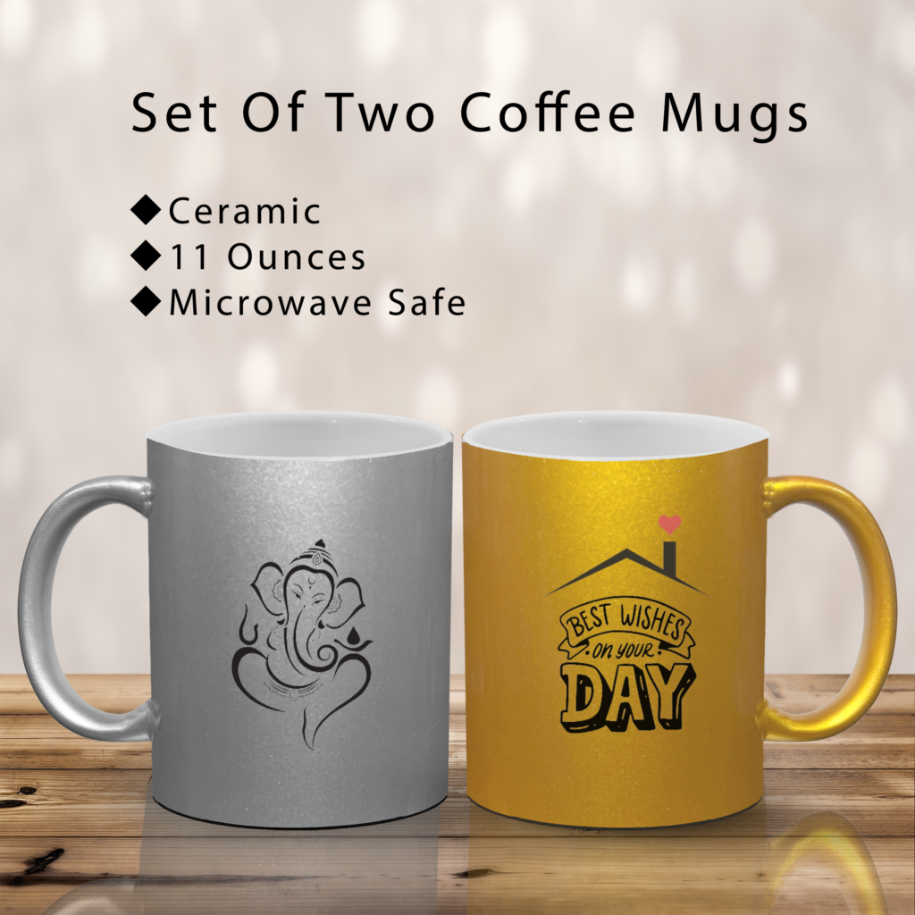 Elegant Gold & Silver Ceramic Coffee Mug – Lord Ganapathy Best Wishes for Your Day| 11 oz – Available in 3 Combo Options