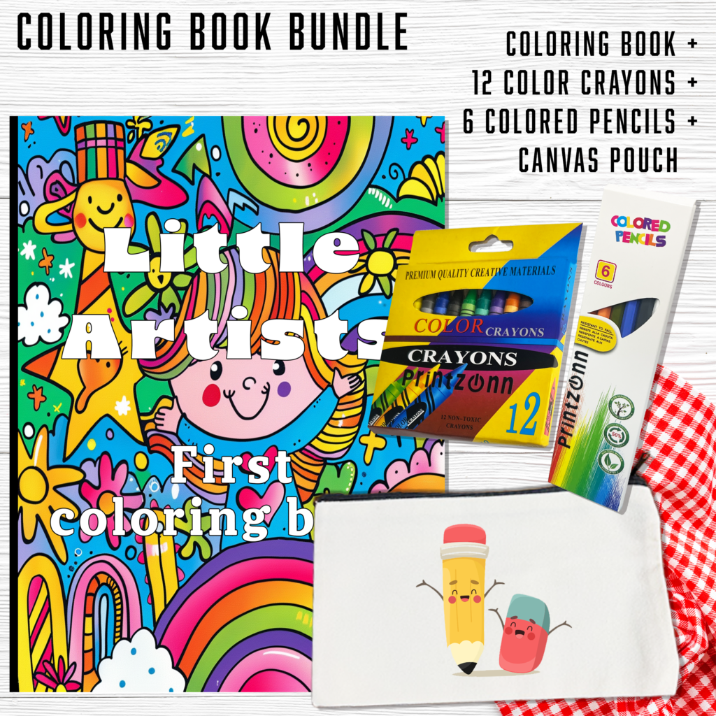 Little Artist’s First Coloring Book: Perfect Starter, 12 crayons, 6 Colored pencils, Matching canvas pouch bundle