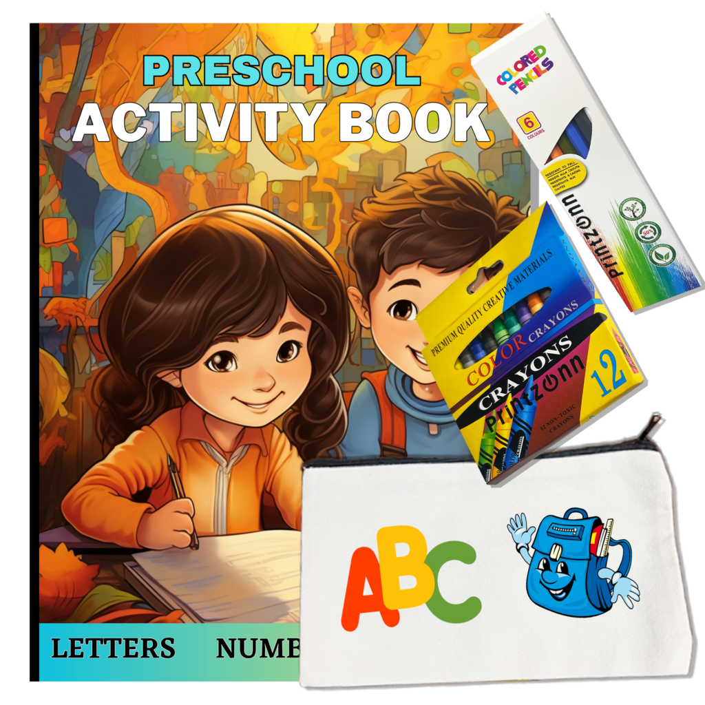 Preschool Activity Book Bundle – Fun Learning with Letters & Numbers!-12 Crayons, 6 Colored pencils, matching pouch bundle