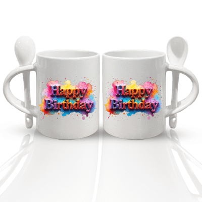 Happy Birthday Vibrant Color Mugs (11oz) with Spoon - Perfect Gift Coffee Mug