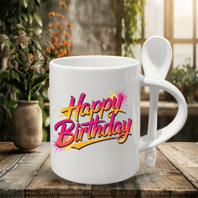 Happy Birthday Ceramic Coffee Mug with Spoon – 11oz Glossy Cup with Spoon in Handle