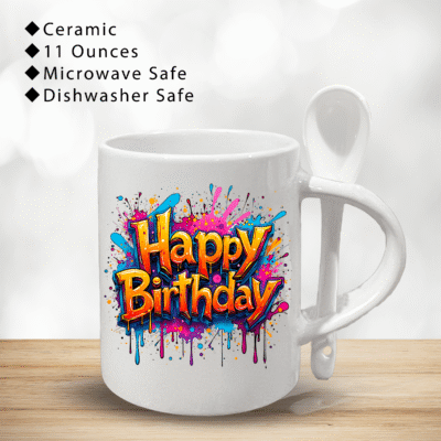 Happy Birthday Splash – 11oz Spoon with Holder Mug, Colorful Fresh Coffee Mug